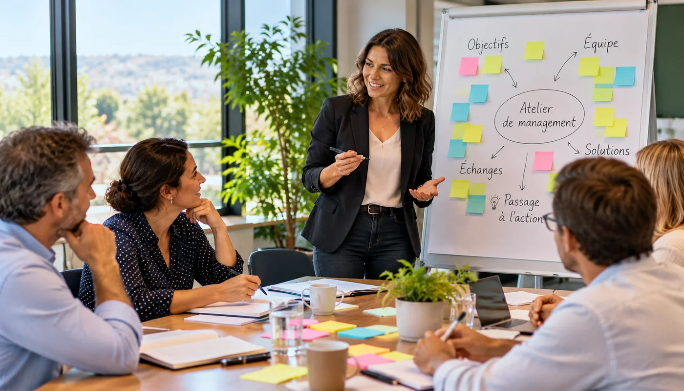 Atelier de management collaboratif avec un facilitateur et des managers travaillant sur des situations professionnelles