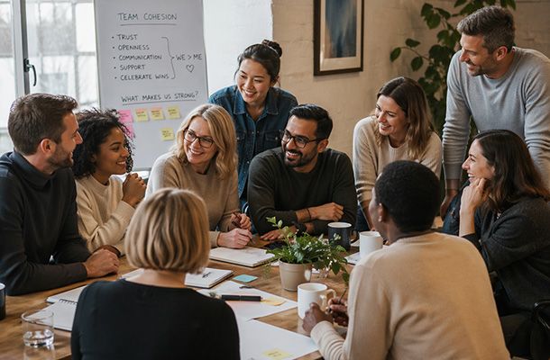 Petite équipe en séminaire de travail pour renforcer la cohésion, la confiance et la solidarité