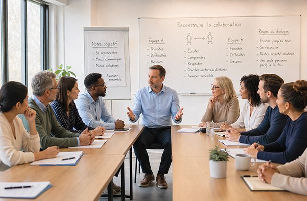 Manager au centre de deux équipes en séminaire de travail pour réguler les tensions et recréer une collaboration plus saine