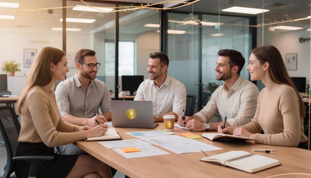 Illustration d’une équipe en réunion de travail collaboratif autour d’une table dans un environnement professionnel.