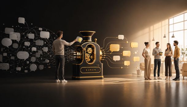 Illustration d’un manager qui transforme des messages confus en communication claire pour son équipe