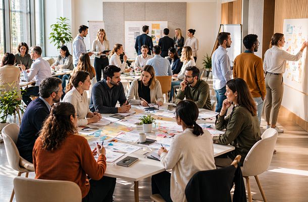 Équipe en séminaire de travail collaboratif pour clarifier les rôles, les habitudes de travail et la coordination