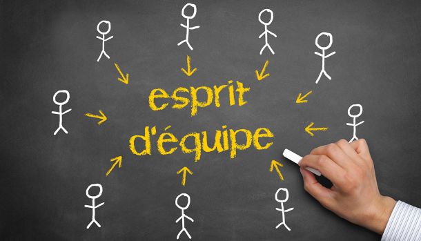 Visuel représentant le concept d'esprit d'équipe : des silhouettes reliées par des flèches autour du mot 'esprit d'équipe' écrit en jaune sur un tableau noir, symbole de cohésion et de collaboration professionnelle