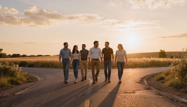 Équipe de collaborateurs avançant ensemble à une bifurcation pour illustrer un changement de direction collectif