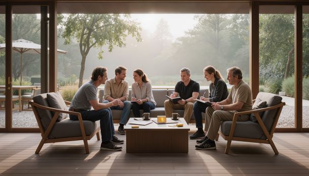 Équipe en séminaire de travail en extérieur dans un cadre naturel, en échange autour d’une table