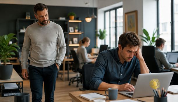 Manager observant avec attention un collaborateur préoccupé dans un environnement de travail