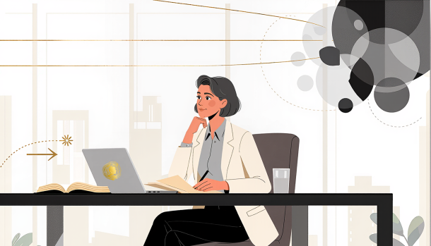 Illustration éditoriale représentant un professionnel en posture de réflexion dans un environnement de travail sobre et contemporain, symbolisant la connaissance de soi, la gestion de la frustration et l’ajustement de la posture managériale.